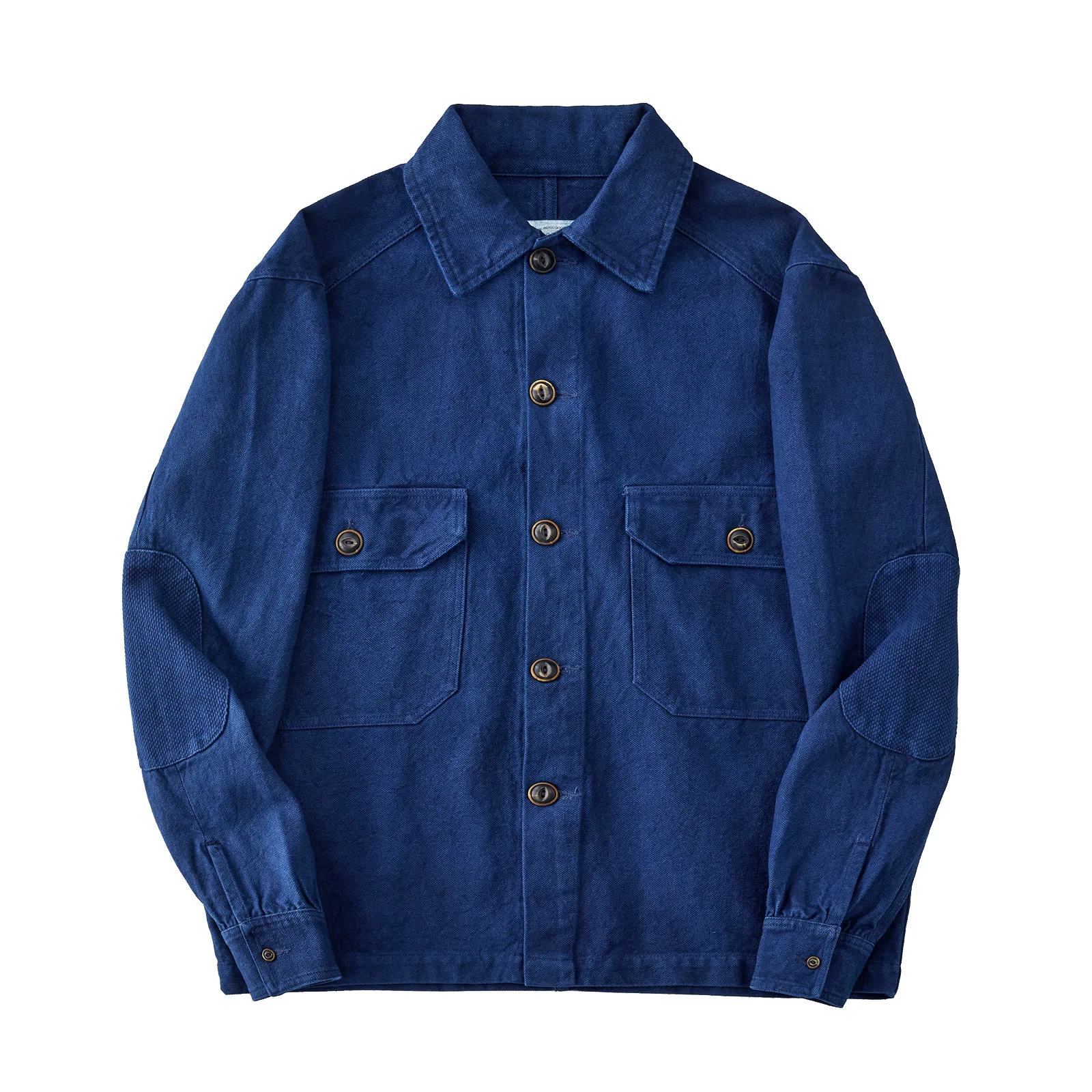 380gsm Indigo Botanical-Dyed Heavyweight Linen Shirt Jacket - Autumn Winter Japanese Vintage Workwear Style Relaxed Fit