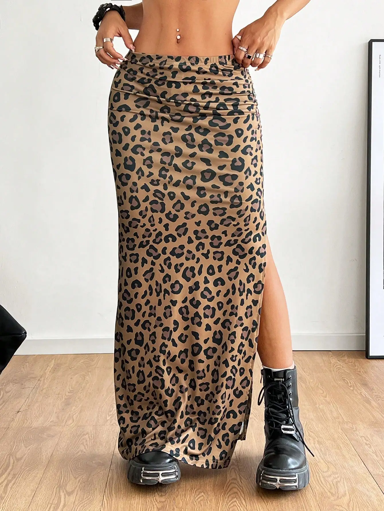 تنورة طويلة نسائية مثيرة بطبعة الفهد من BWQ، تنورة طويلة بفتحة مكشكشة، ملابس مهرجان الموسيقى للفتيات الرائعة للصيف #3