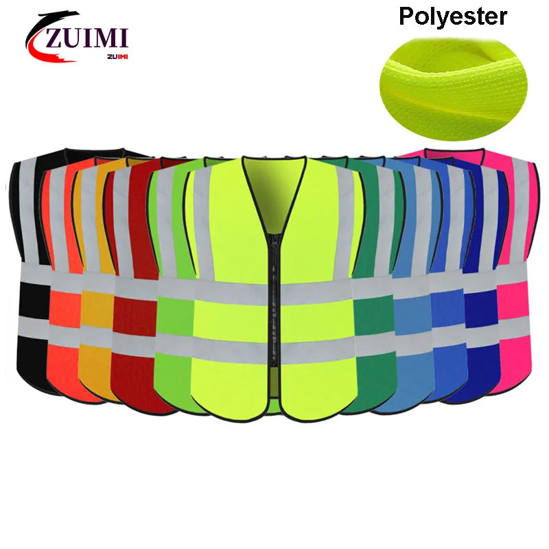 High Visibility Safety Vest with Reflective Strips with Zipper Front, High Visibility and Safety, Breathable Polyester Material