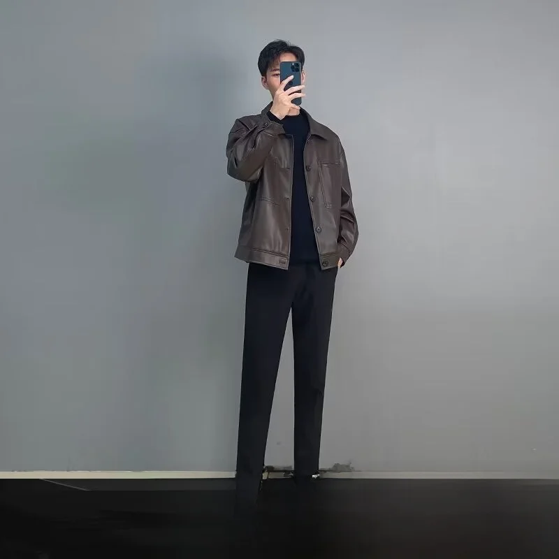

Повседневная кожаная куртка для мужчин: модная, приталенная, простая, молодежная верхняя одежда из полиэфирного волокна, удлиненное пальто с рукавом 3/4