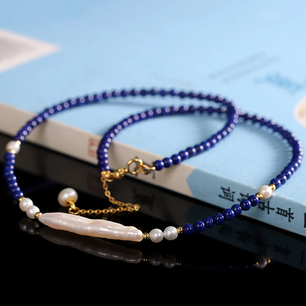 

Natural Royal Blue Lapis Chokers Necklaces for Women Freshwater Thin Long Toothpick Pearls Necklaces Baroque Pearls 925 Silver