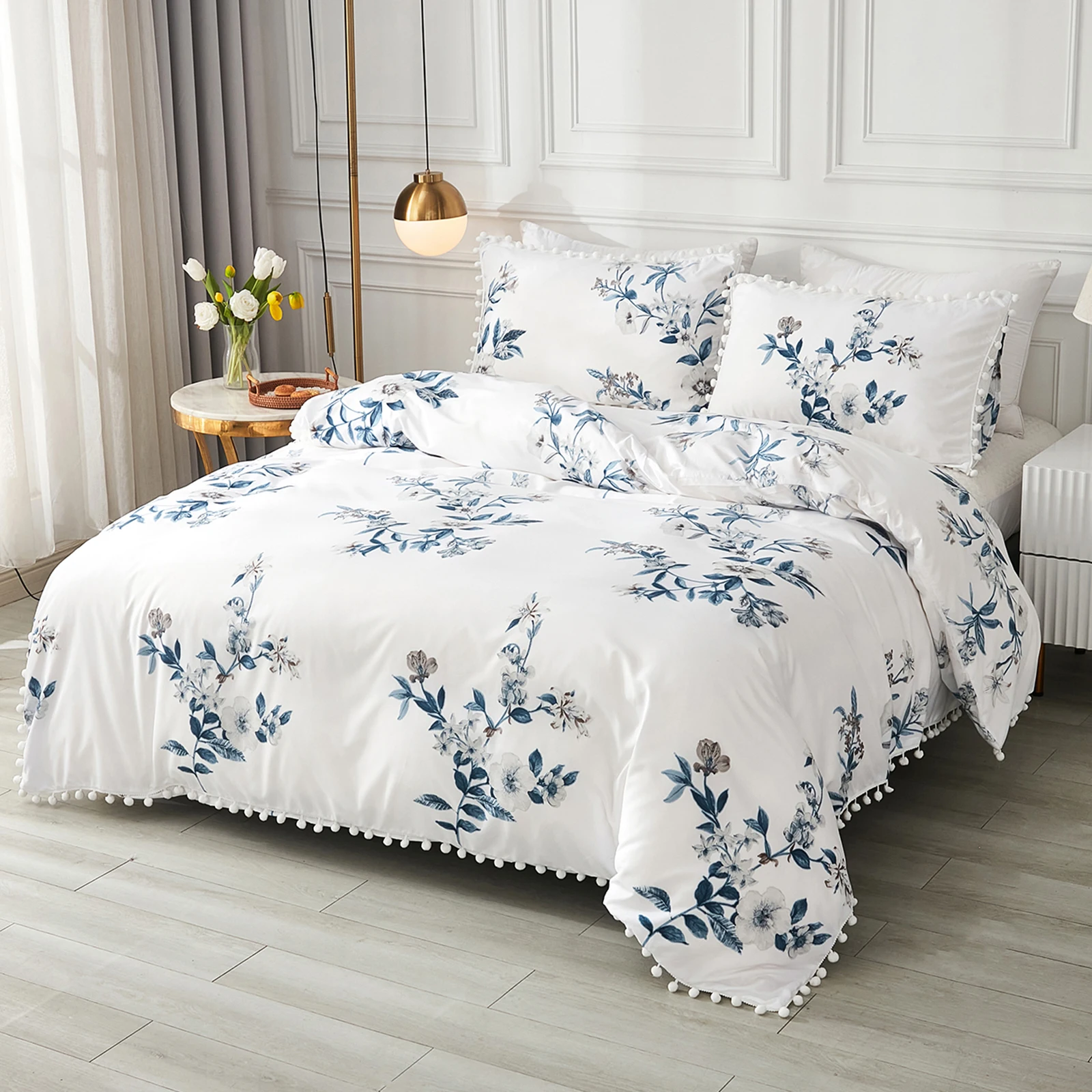 Leaves Botanical Bedding Set Blue Flower Duvet Cover Set Pom Pom Bedding Set Shabby Pastoral Bedding Set Vintage Duvet