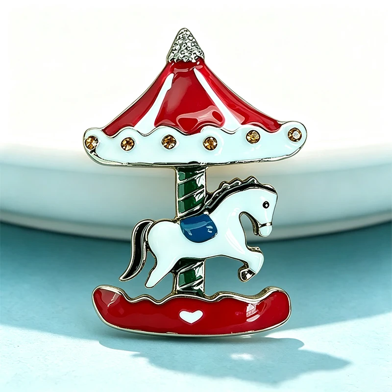 Wuli&baby Enamel Carousel Horse Brooches For Women Unisex Lovely Merry-go-round Party Casual Brooch Pin Gifts