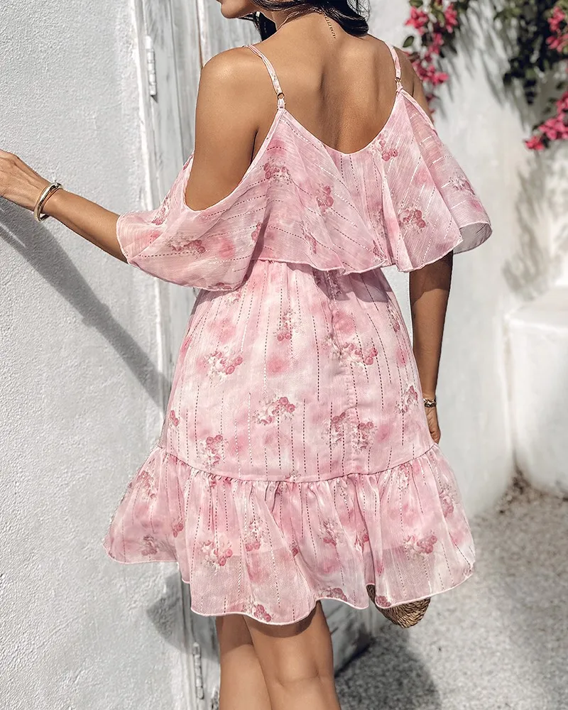 Vestido feminino de verão elegante estampa floral ombro frio alça espaguete babados vestido em camadas vestido doce