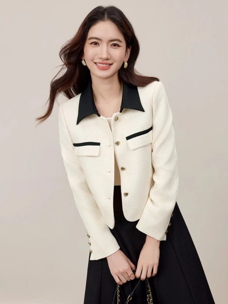 

SENTUBILA Women's Chenille Jackets Color-Block Turn-down Collar Short Jackets 2025 Autumn Elegant Style Woman Clothing 153WA2164