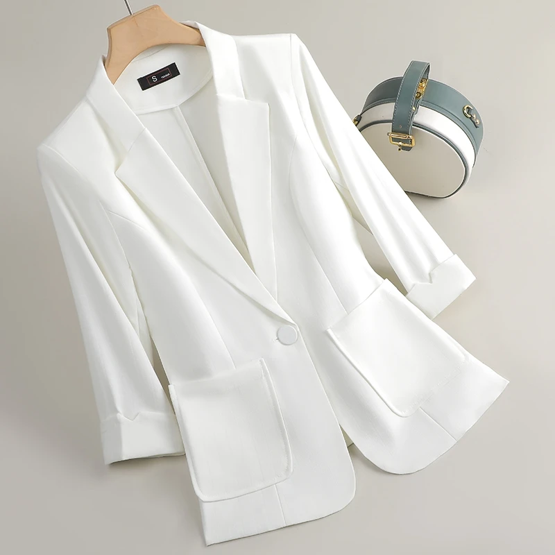 

Женский черный, бежевый офисный пиджак на одной пуговице, весенне-осенний белый, зеленый, высокое качество, модные топы с рукавами семь четвертей