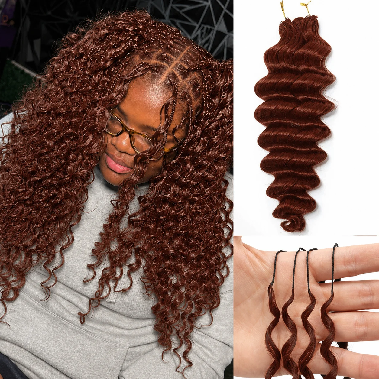 Extensions de cheveux humains au crochet, sans nœuds, brun rougeâtre, ondulations profondes, pré-séparées, bouclées, effet plume, pour tressage style bohème