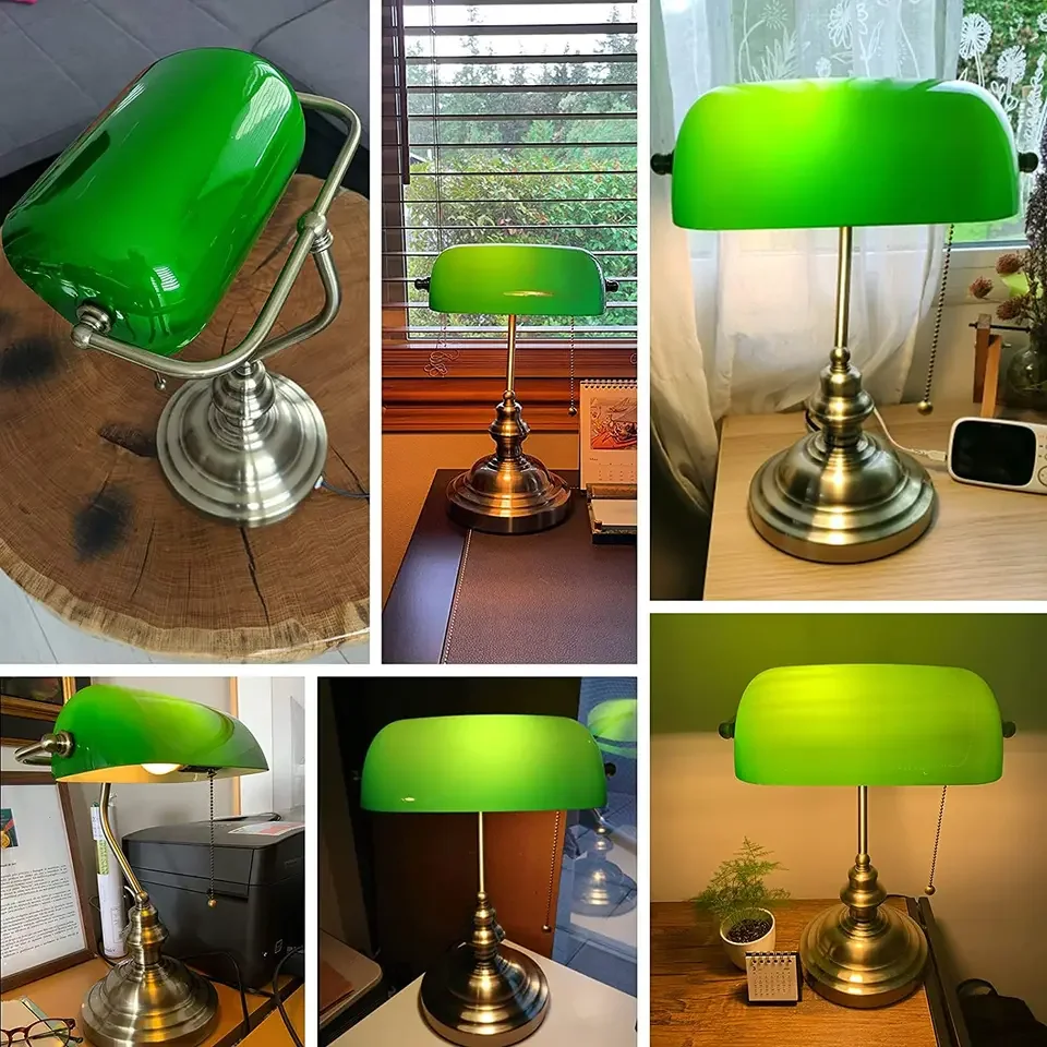 Classical Banker Table Lamp Vintage LED Lamp with Pull Switch Green Glass Lampshade Desk Light Decor Home Study Bedroom Reading