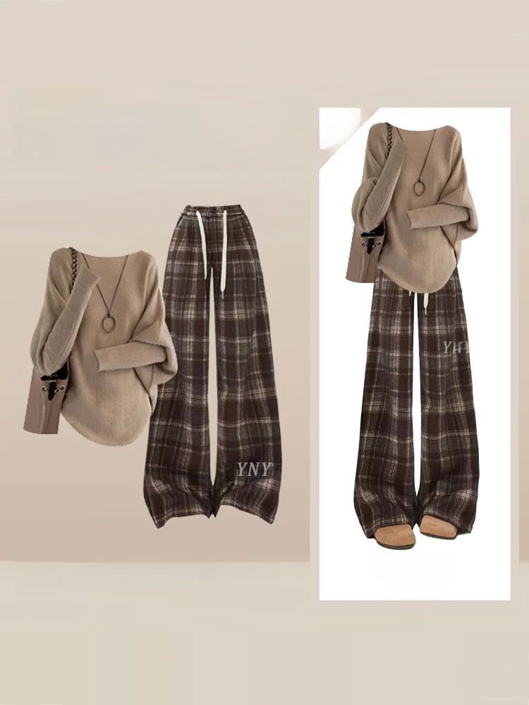 

plus Size Winter Lazy Sle round Ne Brown Knitted Sweater And Plaid Straight Leg Long Pants Slimming Set Women's Faion