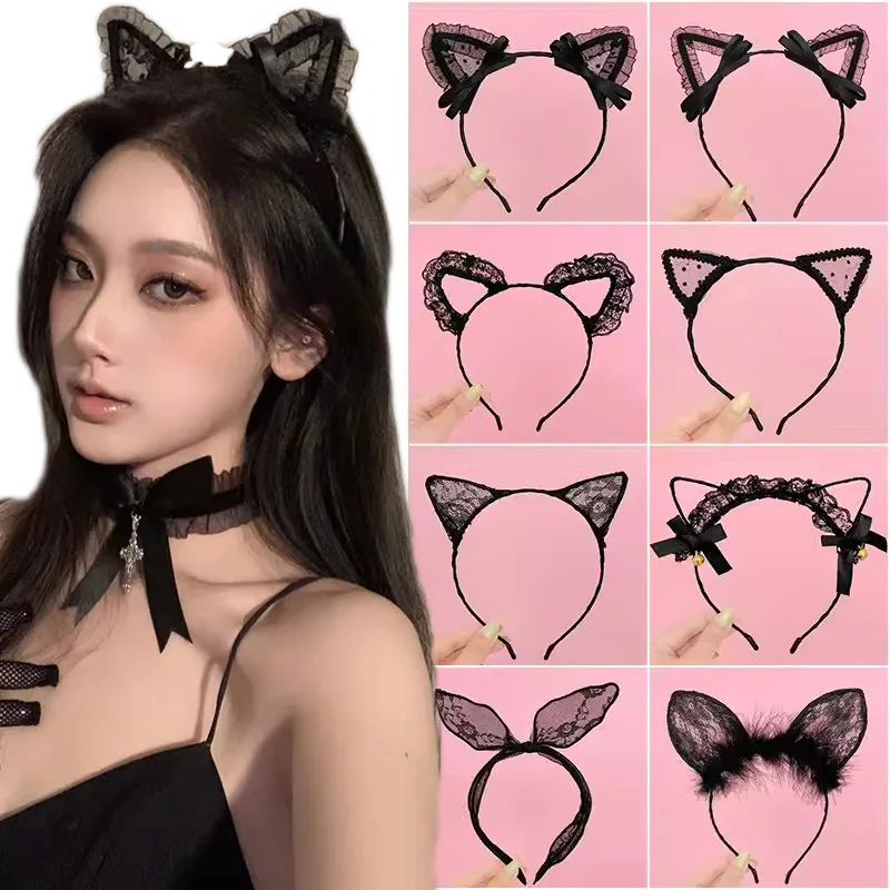 Diadema de orejas de gato de encaje negro para mujeres y niñas, diadema de vestido de lujo, tocado de Cosplay, accesorios para el cabello de fiesta de disfraces de Anime