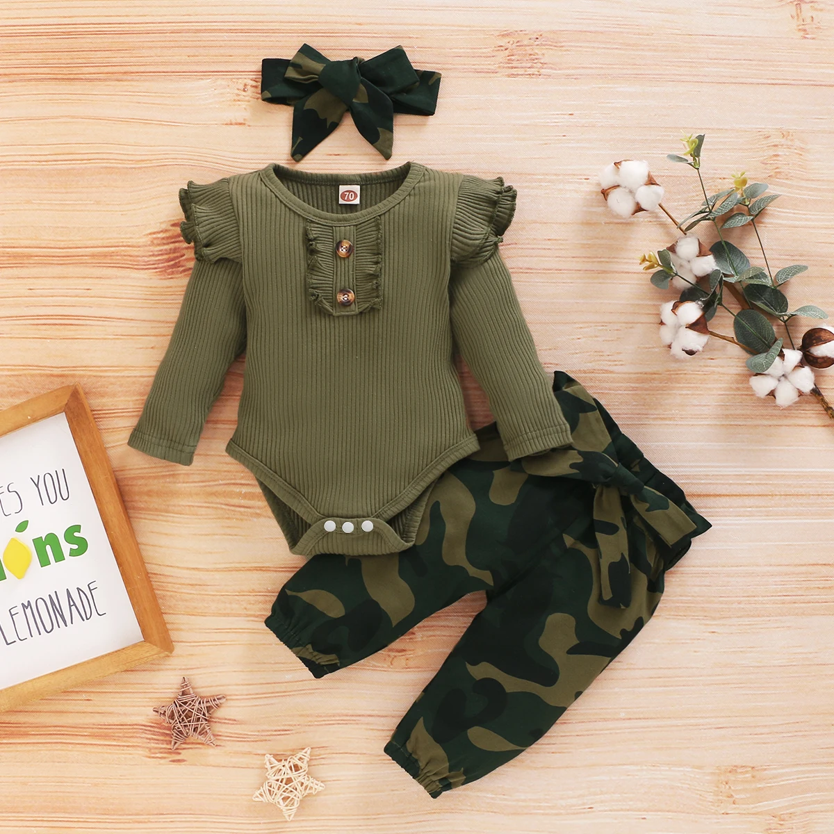 Newborn Baby Camouflage Clothing Set with Headband Toddler Girls 3Piece Outfit Knitted Sets for Baby Long Sleeve Fall Clothing