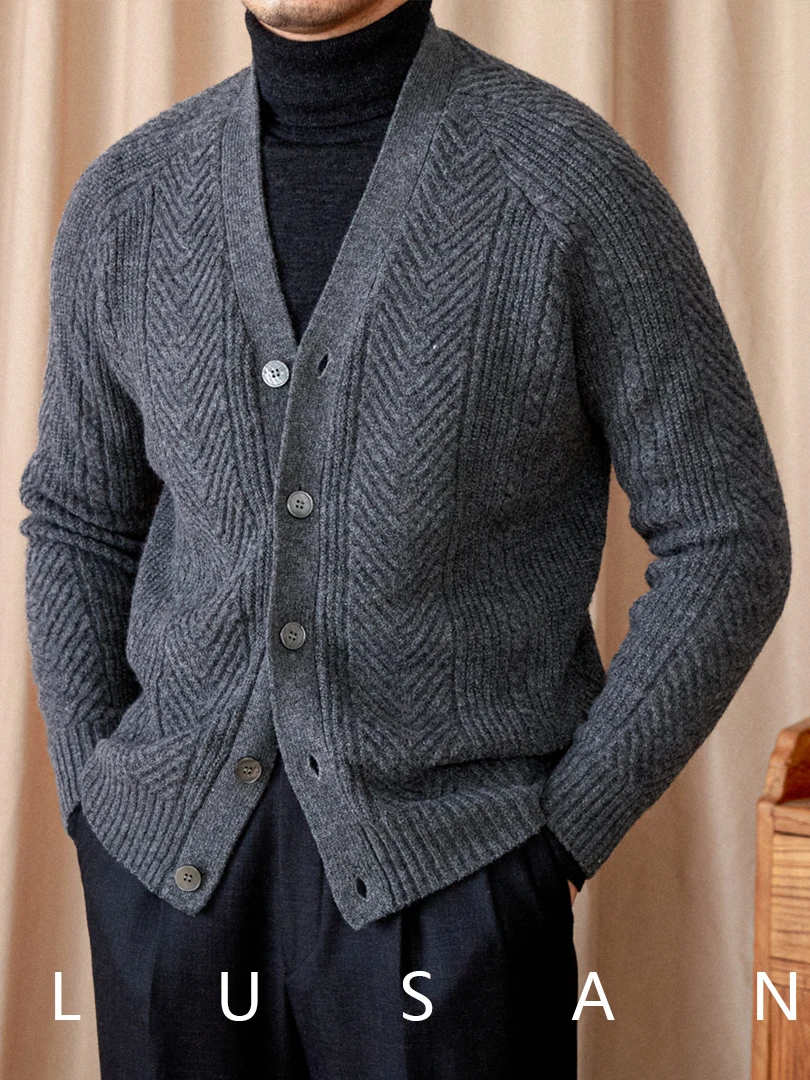 High-End Men's Wool Blend Jacquard Pattern Long-Sleeved Cardigan Woven Collar Retro Old Money Style Autumn Coat