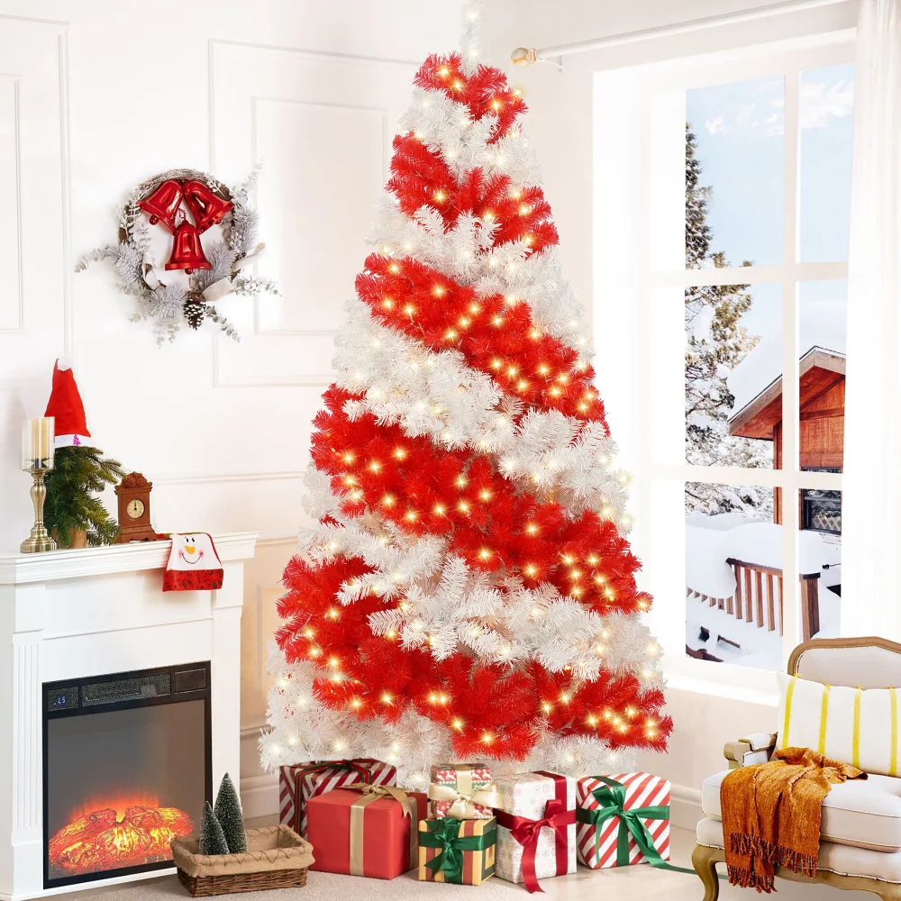

6ft Artificial Christmas Tree with 300 LEDs,900 Bendable Branches,Candy Cane Decor