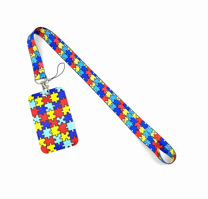 Autism Puzzle Building Block Card Sleeve Animation Lanyard Card Sleeve Key Chain Long Mobile Phone Rope