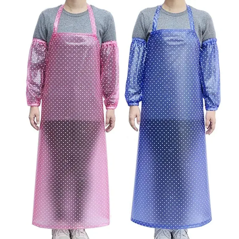 PVC Transparent Dots  Apron with Sleeves Waterproof Oil Proof Thicken Wear-Resistant Kitchen Household Cleaning Tools Unisex ﻿