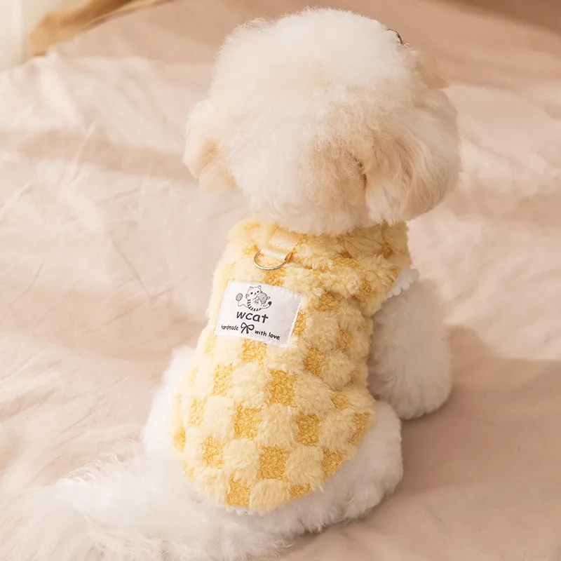 

Green Checkered Pet Fleece Warm Dog Clothes Winter Teddy Thickened Cotton Clothes Small Dog Open Button Clothing