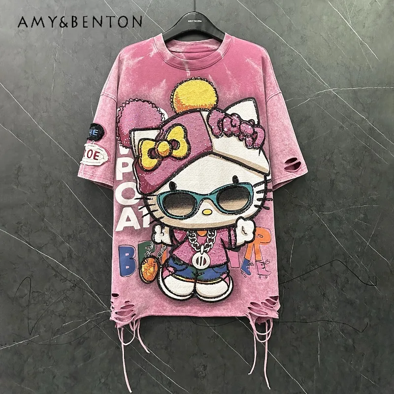 

2025 Early Autumn New Unique Design Cartoon Short Sleeved T-Shirt For Women Loose Casual Mid-Length Top Pullover Kawaii Tshirts