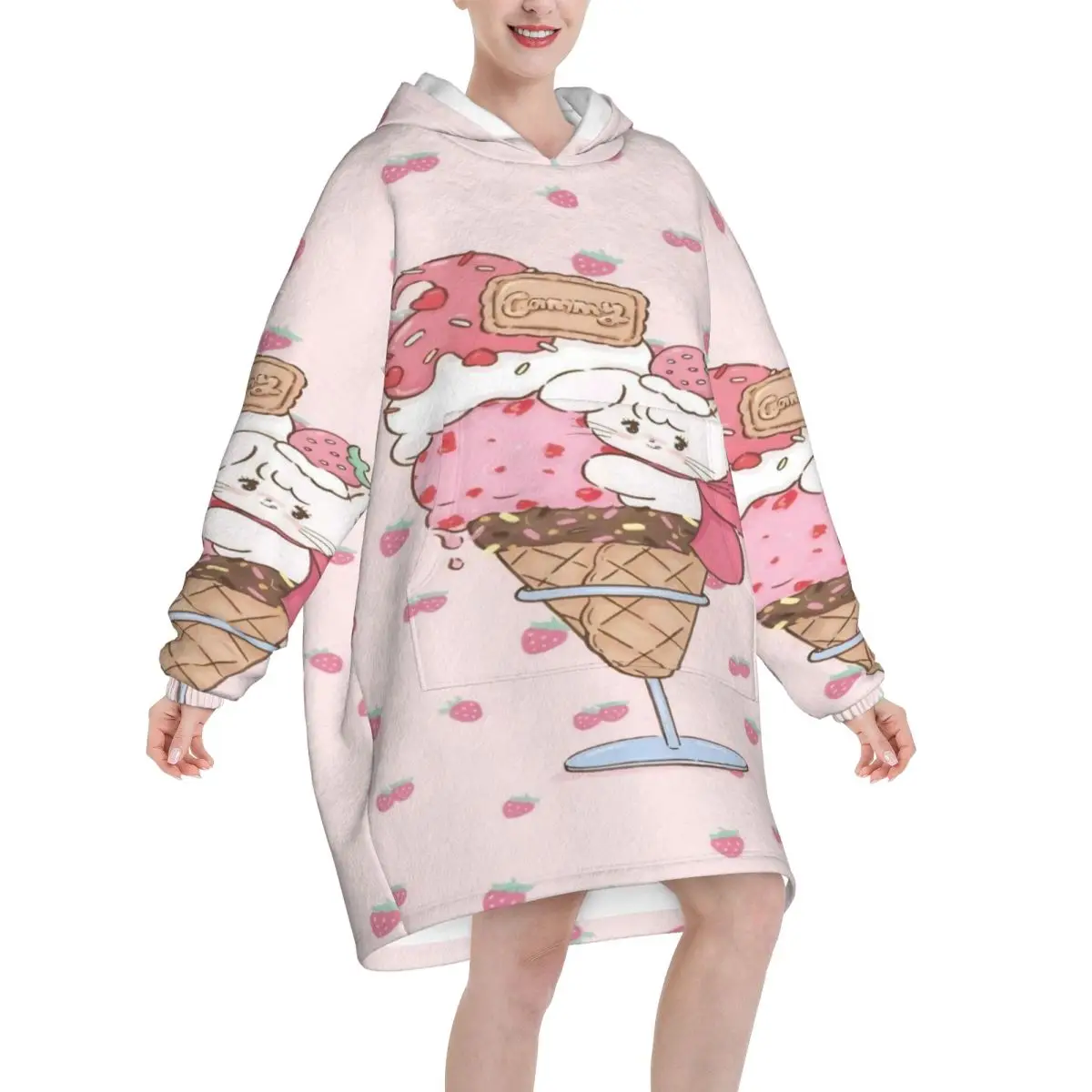 Pink Cartoon Mikko Mousse Wearable Blanket Hoodie for Women Men Oversized Sweatshirt Blanket with Pocket