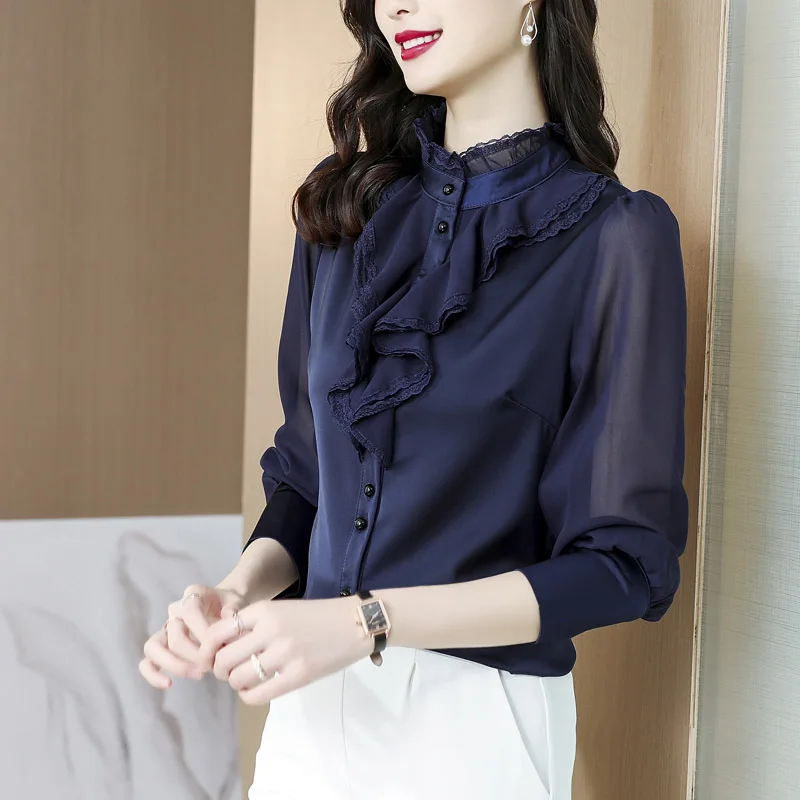 

2023 Retro Korean Fashion Ruffles Lace Collar Chiffon Blouse for Women Spring Autumn Long Sleeve Patchwork Fashion Shirts Female