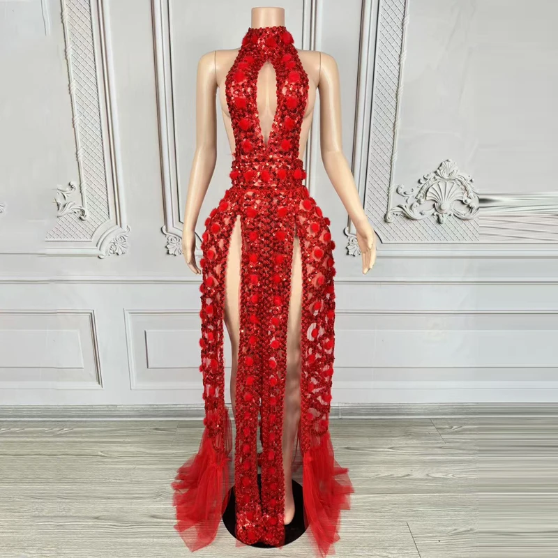 

Red Seguined Party Dress Women Sexy Cutout Evening Dresses Stage Catwalk Outfit Bar Celebrate Gogo Costume Rave Wear XS9587