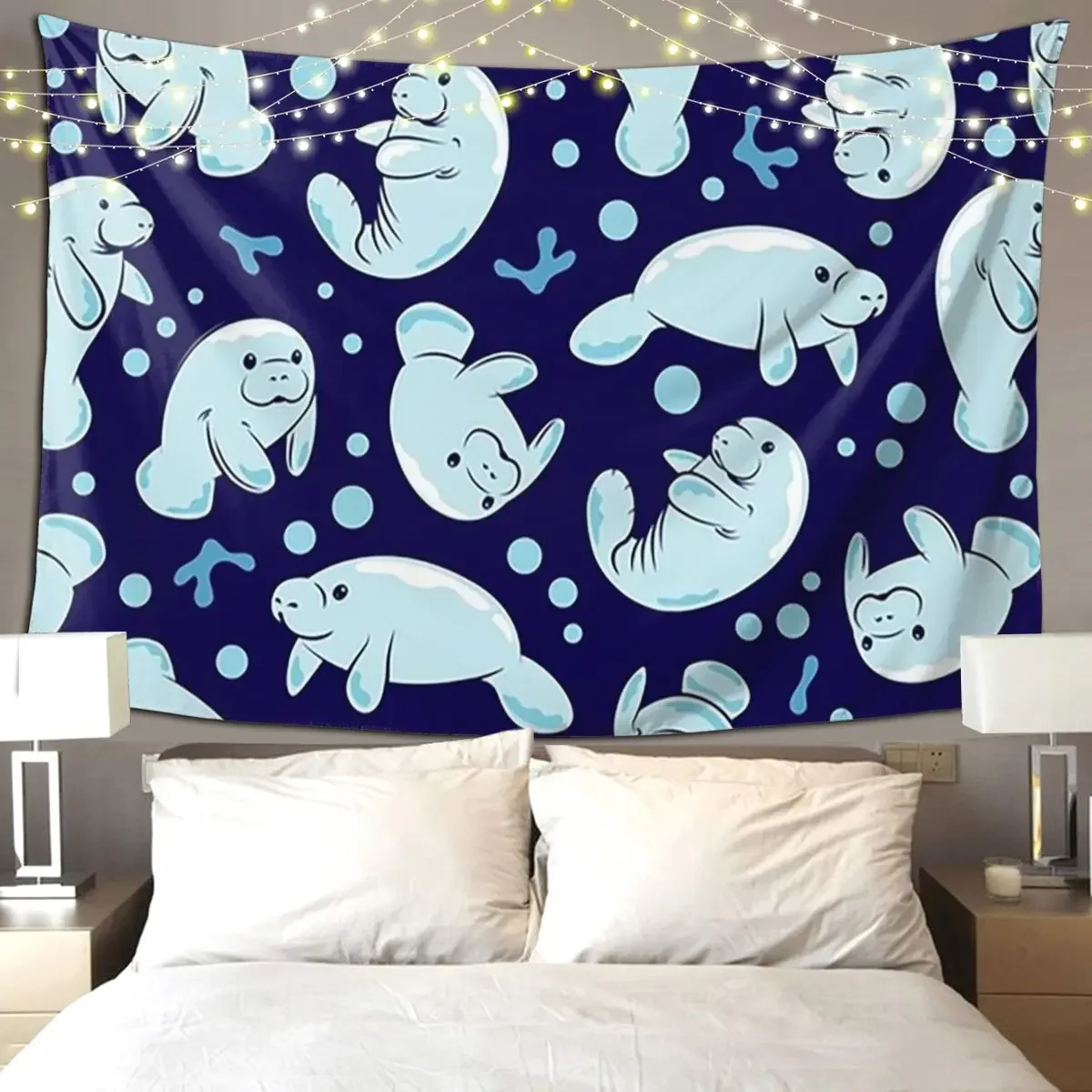 Cute Manatee Pattern - Blue Underwater Pattern Tapestry Art Wall Hanging Home Tapestries for Living Room Bedroom Dorm Room