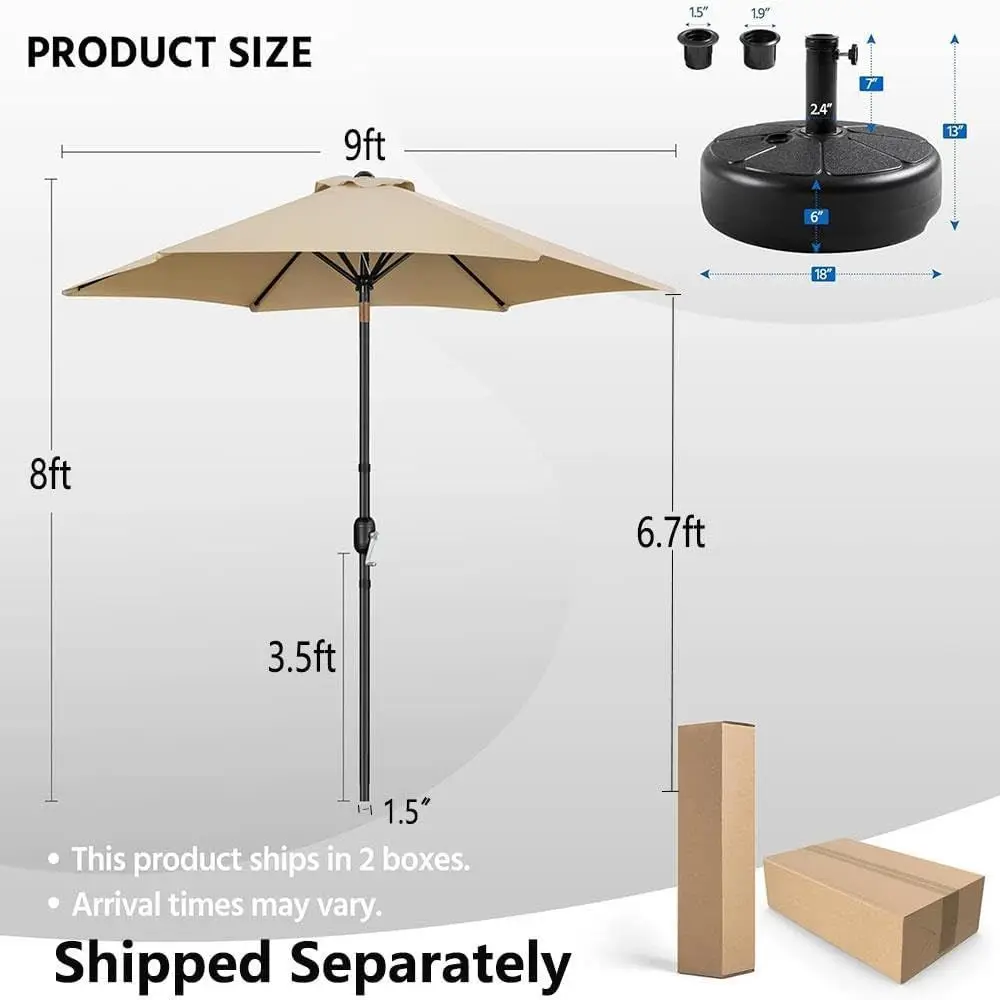 9T Patio Umbrella with 80lb Base Stand-Round Water & Sand Filled, Market Umbrella w/Push Button, Crank and Sturdy Ribs, Patio Su