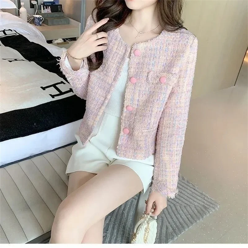 Women\'s Jacket 2024 Spring Autumn New Pink Tweed Small Fragrance Coat Short Jacket Korean Fashion Elegant Female Outerwear Tops