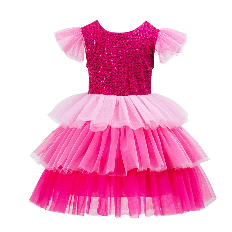 

Girls Sequin Princess Dress Summer New Children's Flying Sleeve Dress Children's Day Rainbow Gradient Cake Dress