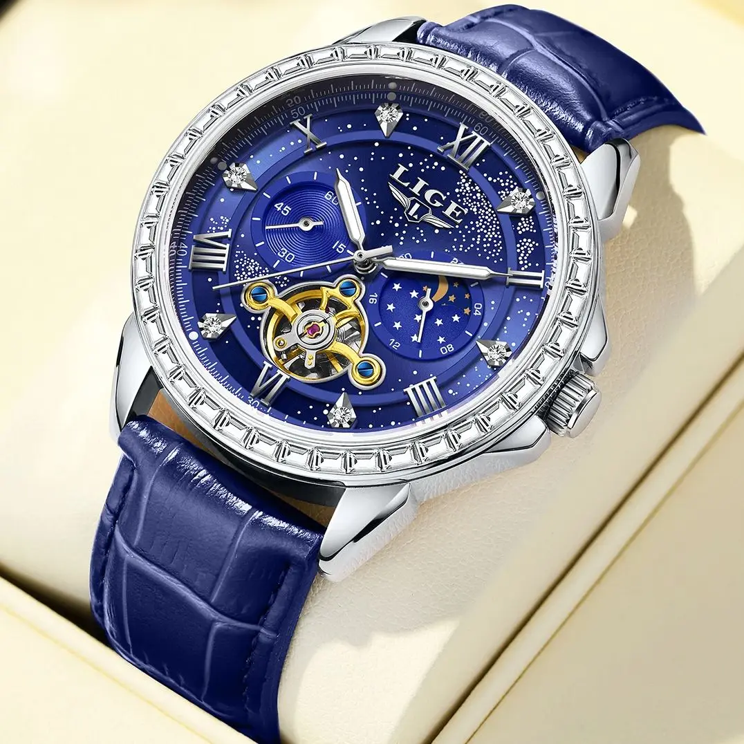 

LIGE 2026, механические часы, кожаные роскошные часы, мужские водонепроницаемые светящиеся деловые модные наручные часы, часы для мужчин, reloj