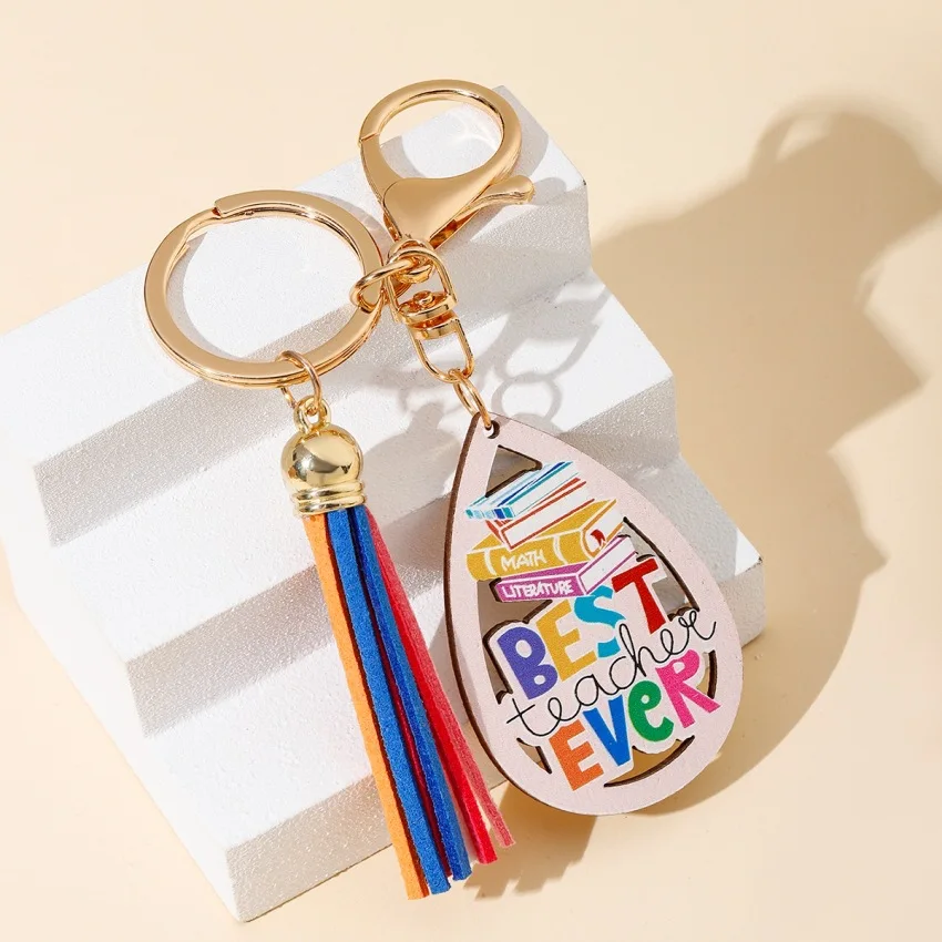 Best Selling Rainbow Wooden Plaque Tassels Keychain Creative Love Teacher Day Great Gift Exquisite Souvenir Key Chain Pendant