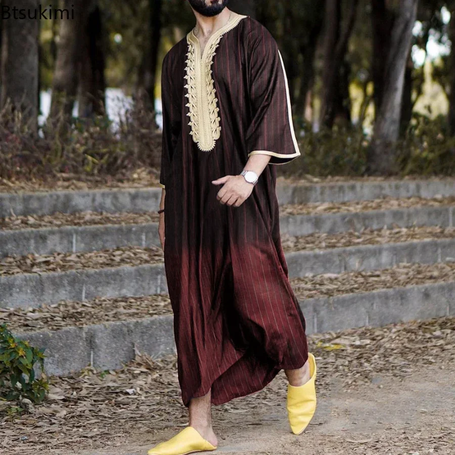 2024 Summer Islam Kaftan Muslim Men Clothing Moroccan Caftan Hand Embroidered Loose and Breathable Djellaba Abaya Thobe for Men