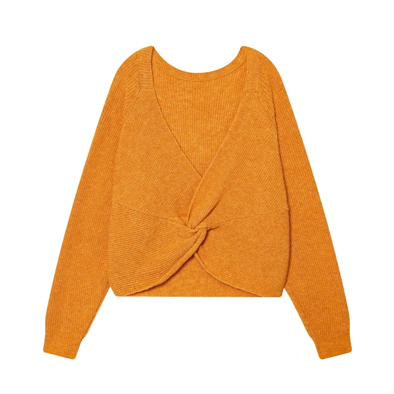 

2025 НОВЫЙ высококачественный модный укороченный кардиган с длинными рукавами и запахом для осени и зимы, женский оранжевый вязаный свитер с закрученной передней частью