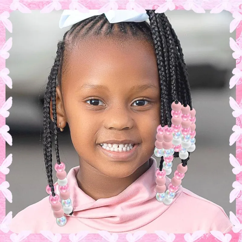 60PCS Silicone Hair Beads for Braids, Light Pink Matte & Iridescent Clear Pony Beads with Tool for Kids Locs, Glittery Dreadlock view 3