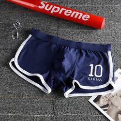 Shorts esportivos respiráveis para homens, calcinha de bojo, pele de algodão amigável, calças Aro, borda branca, boxers impressos em número chinês, estudante