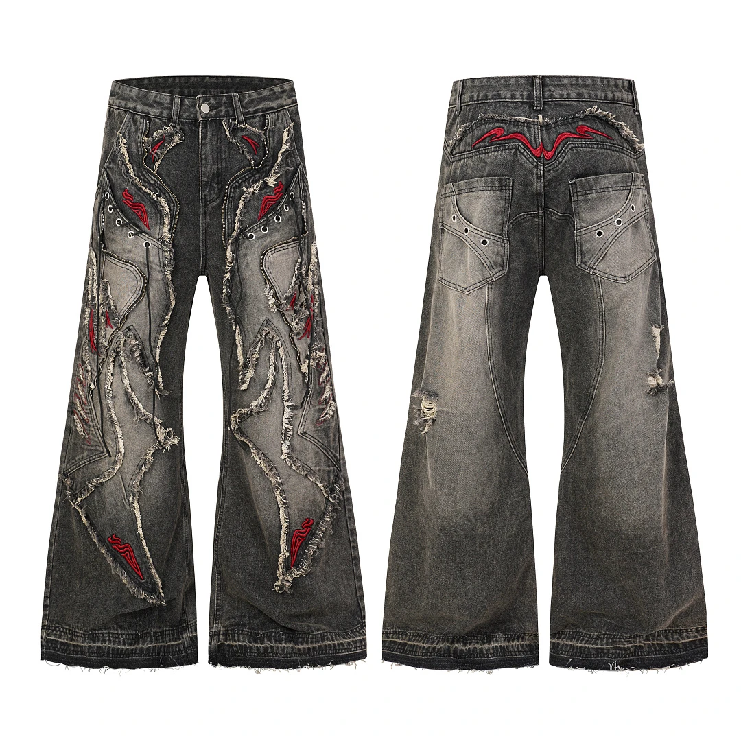 American Retro Heavy Industry Three-Dimensional Cut Embroidery Dark Loose Slightly Flared Jeans For Men And Women