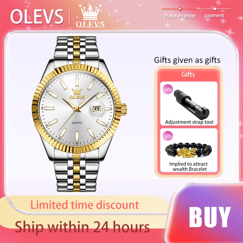 OLEVS-Marca Masculina de Luxo Quartz Watch, Calendário Fashion, Strap Aço Inoxidável, Original, Luminoso, Impermeável