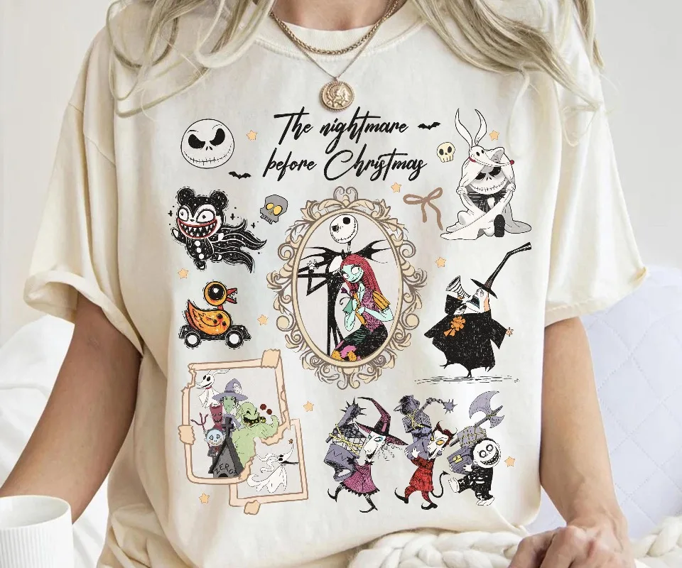 قميص Coquette Bow Nightmare Before Christmas Jack Skellington & Sally Halloween Tee Oogie Boogie Bash
