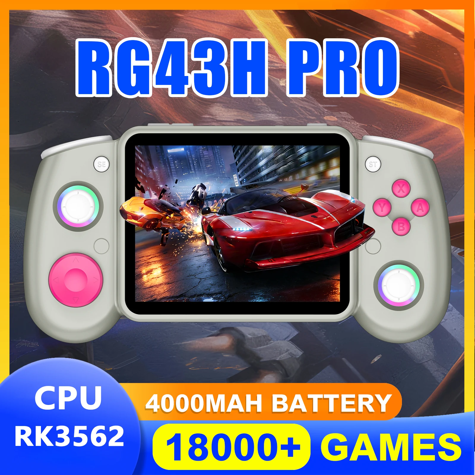 RG43H Pro Retro Handheld Game Console 4.3 Inch IPS Screen 2GB RAM 1024×768 Built-in 18000 Game Support WiFi Online Play Portable