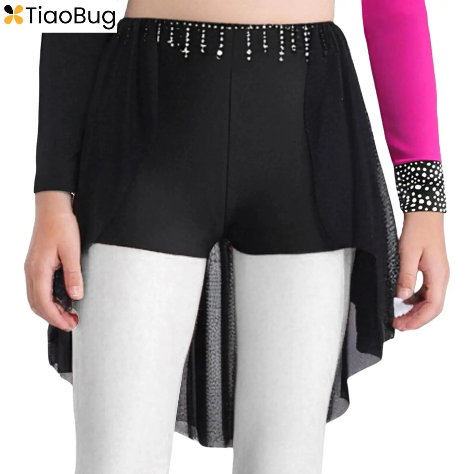 

Kids Girls Lyrical Dance Skirt Figure Ice Skating Ballet Dancewear Sparkly Rhinestones Asymmetric Open Front Mesh Skirts Shorts