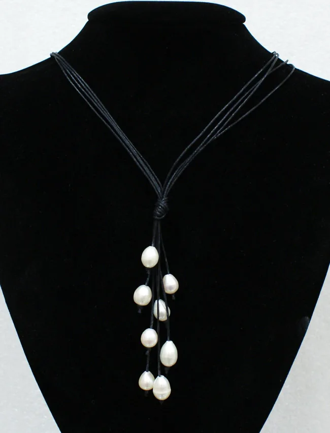Black Leather Cord Wax Rope Chain Necklace for Women Gothic Eight Pearl Pendant Adjustable Necklaces Jewelry Sweater Accessories