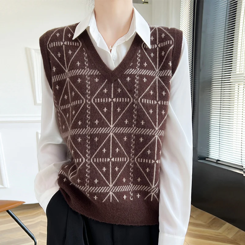 Женский модный вязаный жилет из 100% мериносовой шерсти с v-образным вырезом и цветными блоками, свитер без рукавов, мягкий пуловер, кашемировый нежный верх одежды