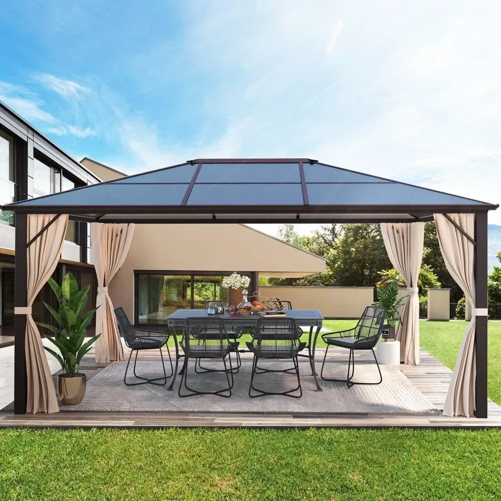 

10'x12' Gazebo, Aluminum Frame Permanent Pavilion with Curtains and Netting, Sunshade, Outdoor Polycarbonate Roof Canopy Hardtop