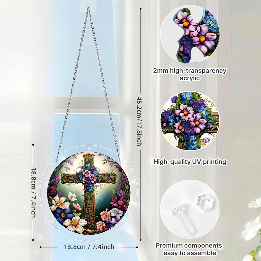 57 Pieces Acrylic Puzzles Suncatcher Window Hanging, Cross Catchers Stained Glass Style DIY Jigsaw Puzzle Kit for Home Garden Decor