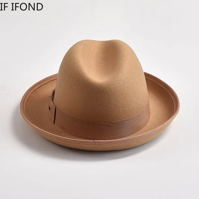 Sombreros Fedora de fieltro de lana para hombre, sombrero enrollable de estilo británico, sombrero de Jazz para iglesia, Caballero hoburg, gorra de