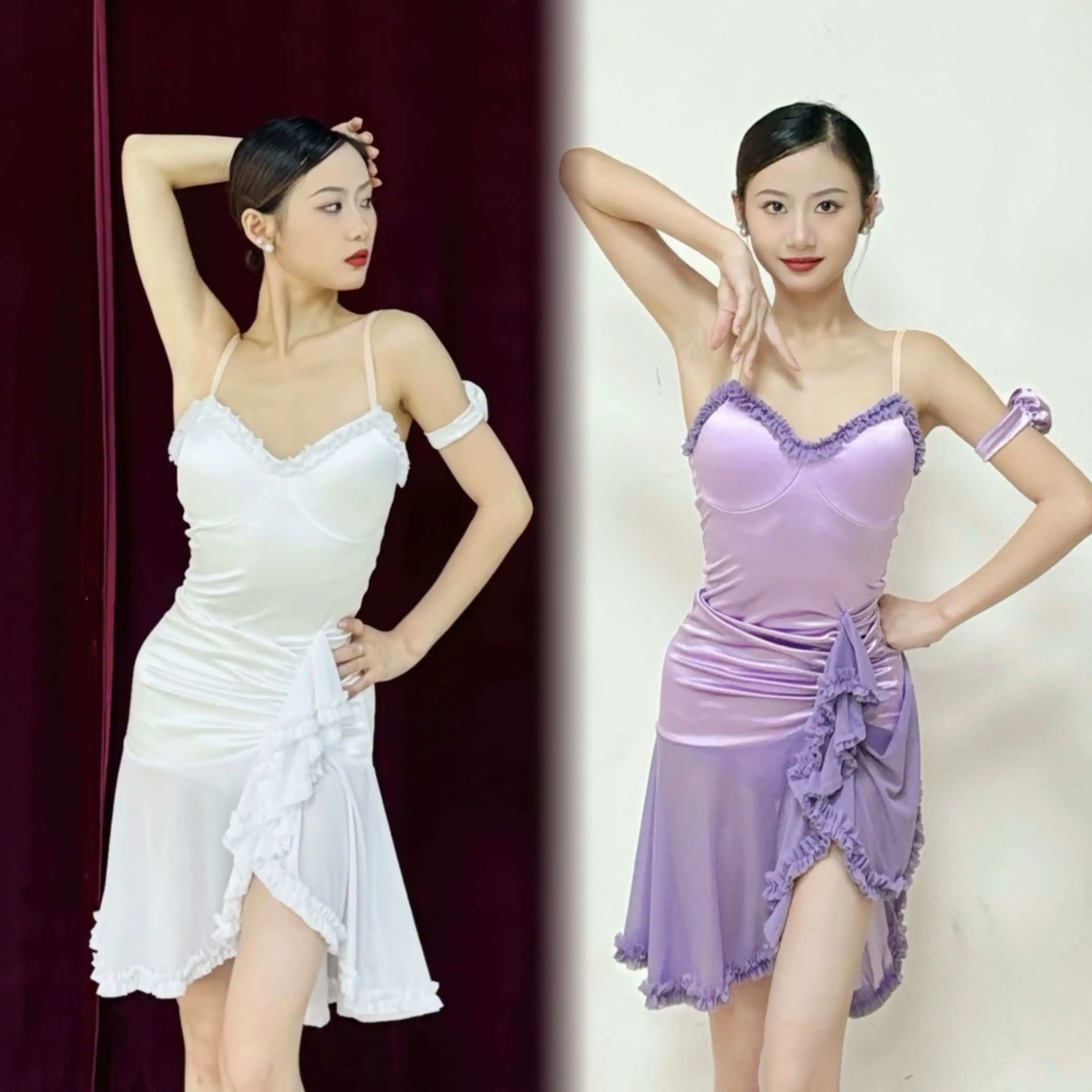 

2025 Latin Dance Dress Women White Purple Suspender Dress Practice Clothes Club Rumba Tango Costume Performance Dress DNV23649