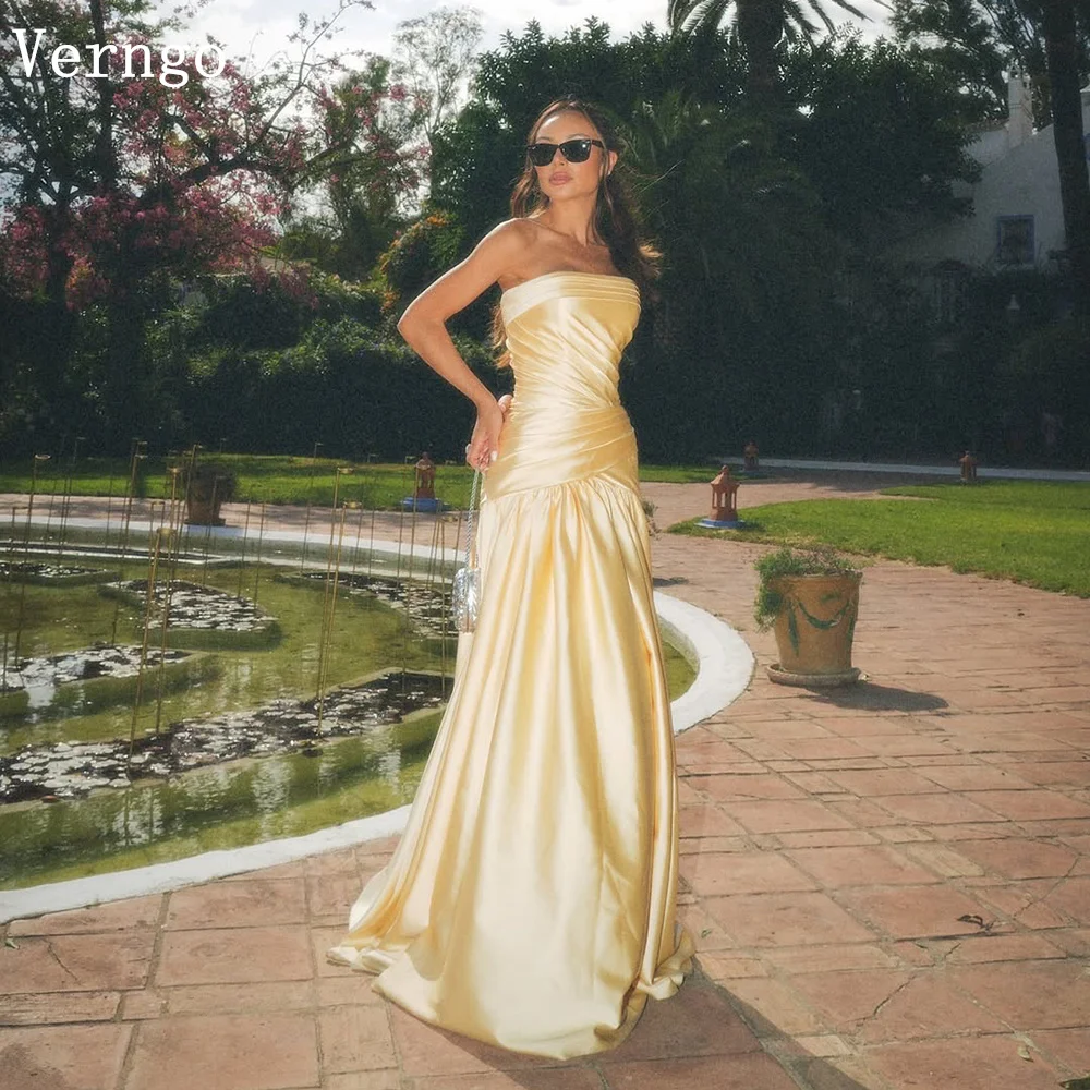 

Verngo Yellow Satin Evening Dress Strapless A Line Formal Occasion Dress Elegant Saudi Arabia Prom Party Gowns Customized