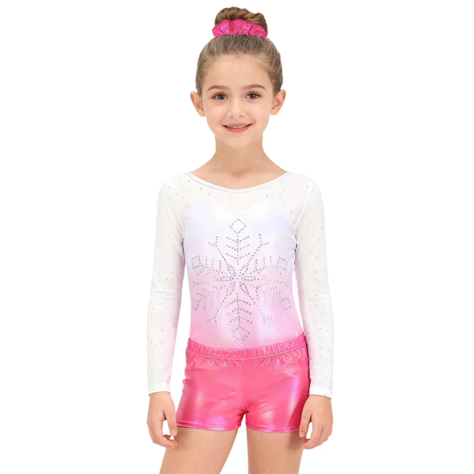 

Girls Gymnastics Leotards Outfits Ballet Dance Yoga Figure Skating Costume Long Sleeve Shiny Rhinestones Bodysuit with Shorts