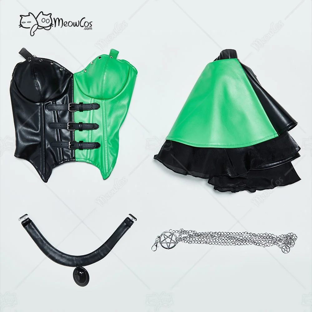 US Stock Meowcos Women Gothic Black Green Symmetrical Colorblocked Corset Skirt Set Top and Skirt with Waist Chain Halloween view 6