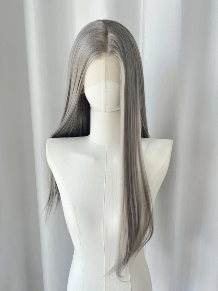 BeiBei 13X4 الدانتيل شعر مستعار أمامي طويل مستقيم رمادي الاصطناعية الدانتيل الباروكات للنساء السود مع ارتفاع درجة الحرارة الألياف 26 بوصة رمادي الباروكات #5