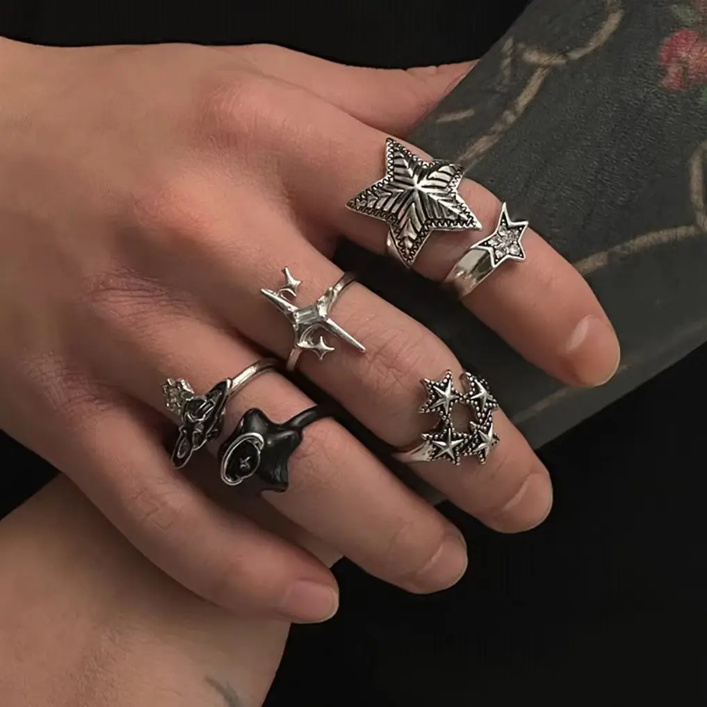 

SHIXIN 6Pcs/Set Vintage Silver Color Star Open Ring Set for Men Punk Geometric Adjustable Finger Ring Fashion Male Jewelry Gift
